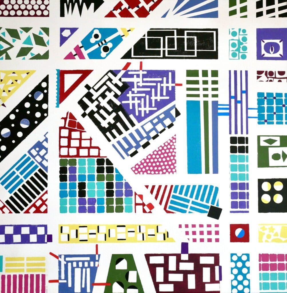 Geometric Crossroads,
Acrylic paint and acrylic markers on linen (80cm x 80cm)