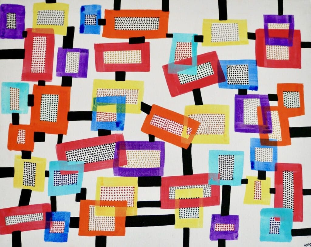 Blocks and dots,
Acrylic paint and markers on cotton (50cm x40cm)