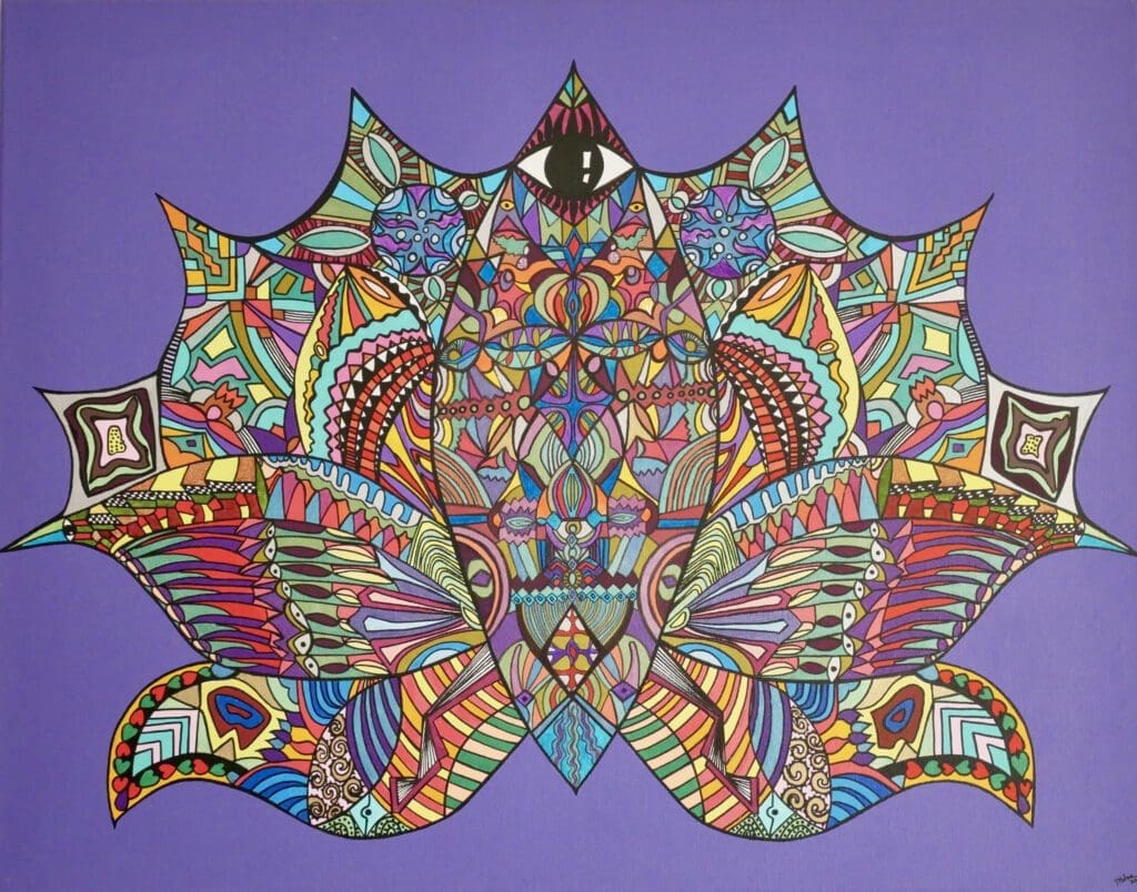 Butterfly-Lotus,
Acrylic paint and markers on linen (90cm x70cm)