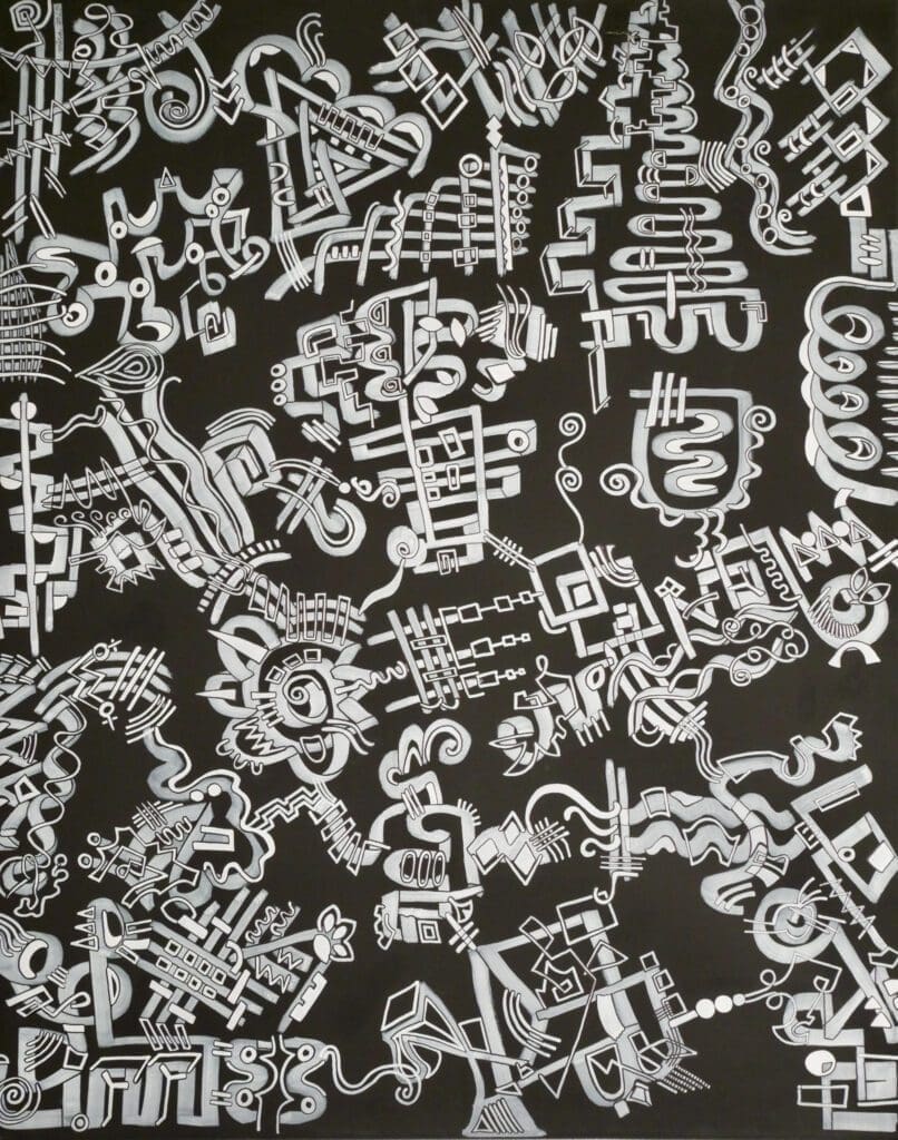 B & W Technology,
White markers on black cotton (100cm x 80cm)