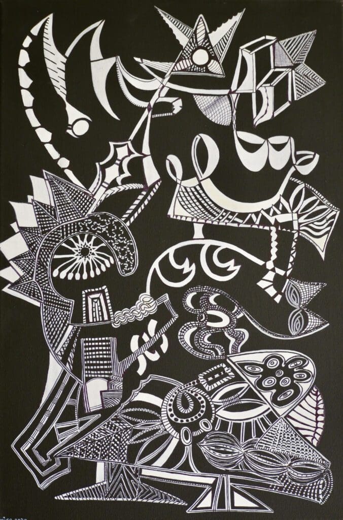 B & W Cockerel,
White markers on black cotton (60cm x 40cm)