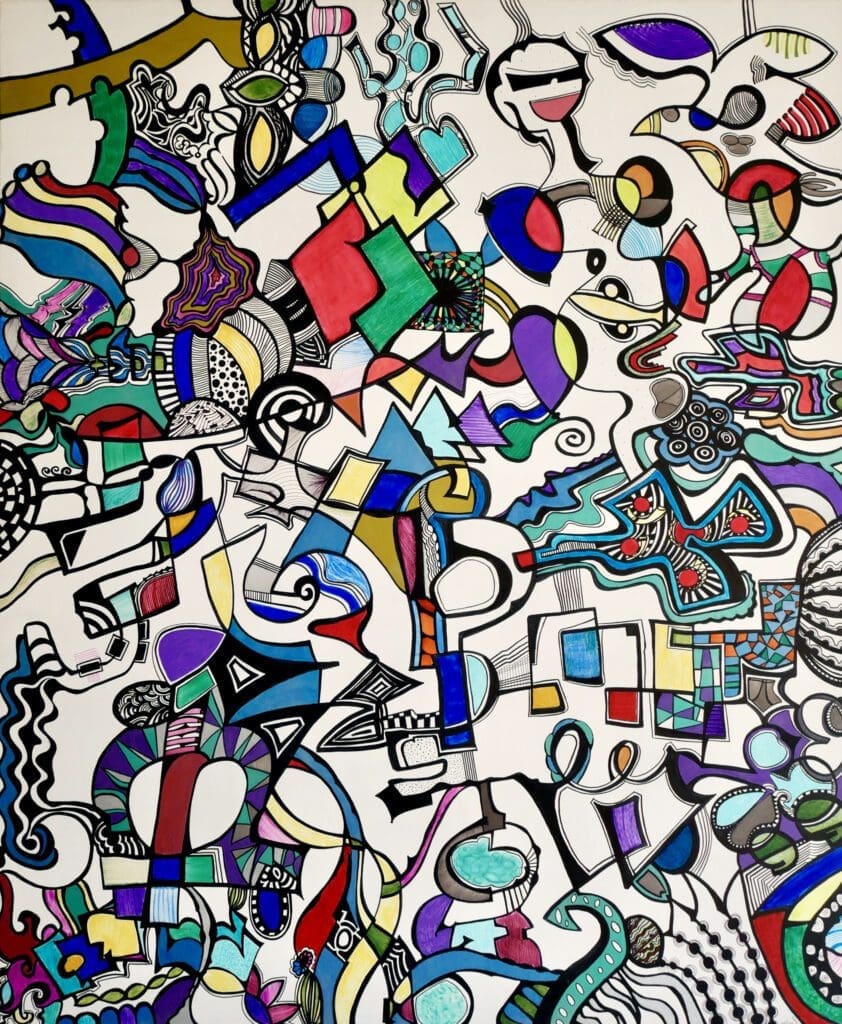 Flying swan,
Acrylic paint and markers on linen (120cm x 100cm)