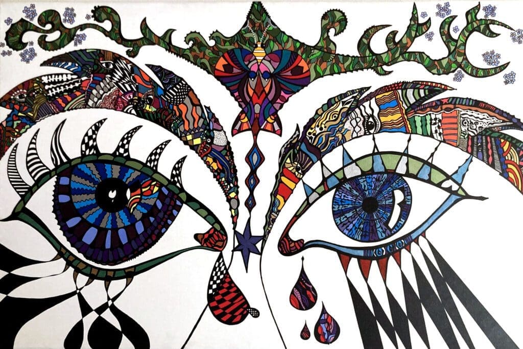 Forget me not,
Acrylic paint glans markers and acrylic markers on linen (120cm x 80cm)