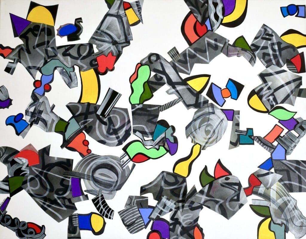 Grey Roses,
Collage of cotton, acrylic paint and markers on linen (90cm x 70cm)