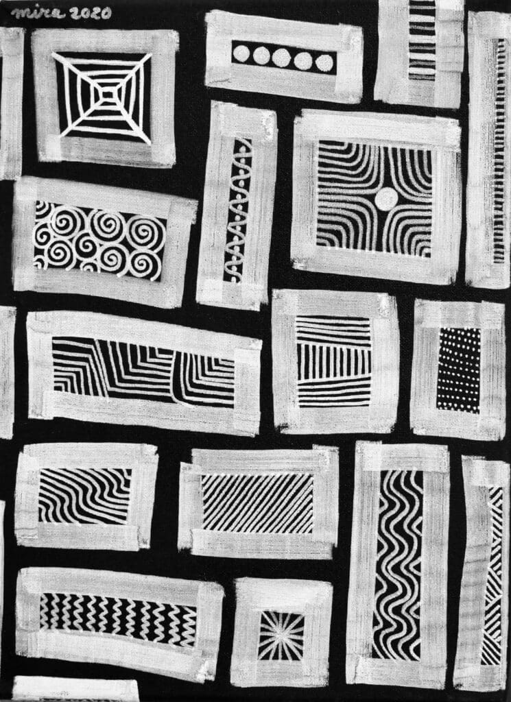 Sixteen Windows,
Acrylic paint and acrylic markers on black cotton (40cm x 30cm)