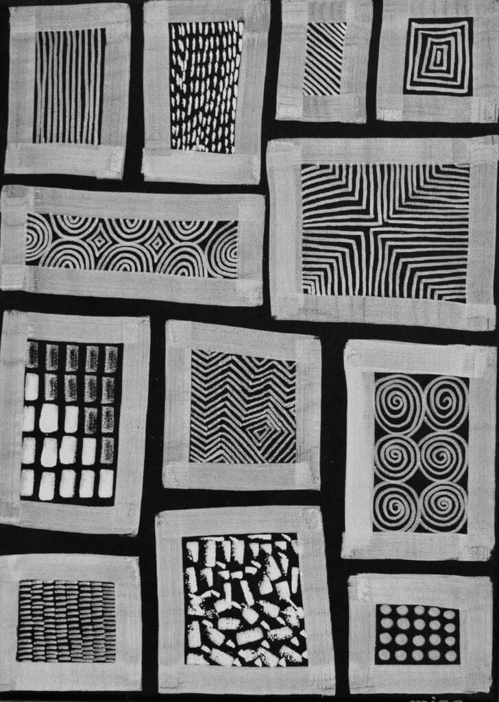 Twelve Windows,
Acrylic paint and acrylic markers on black cotton (40cm x 30cm)