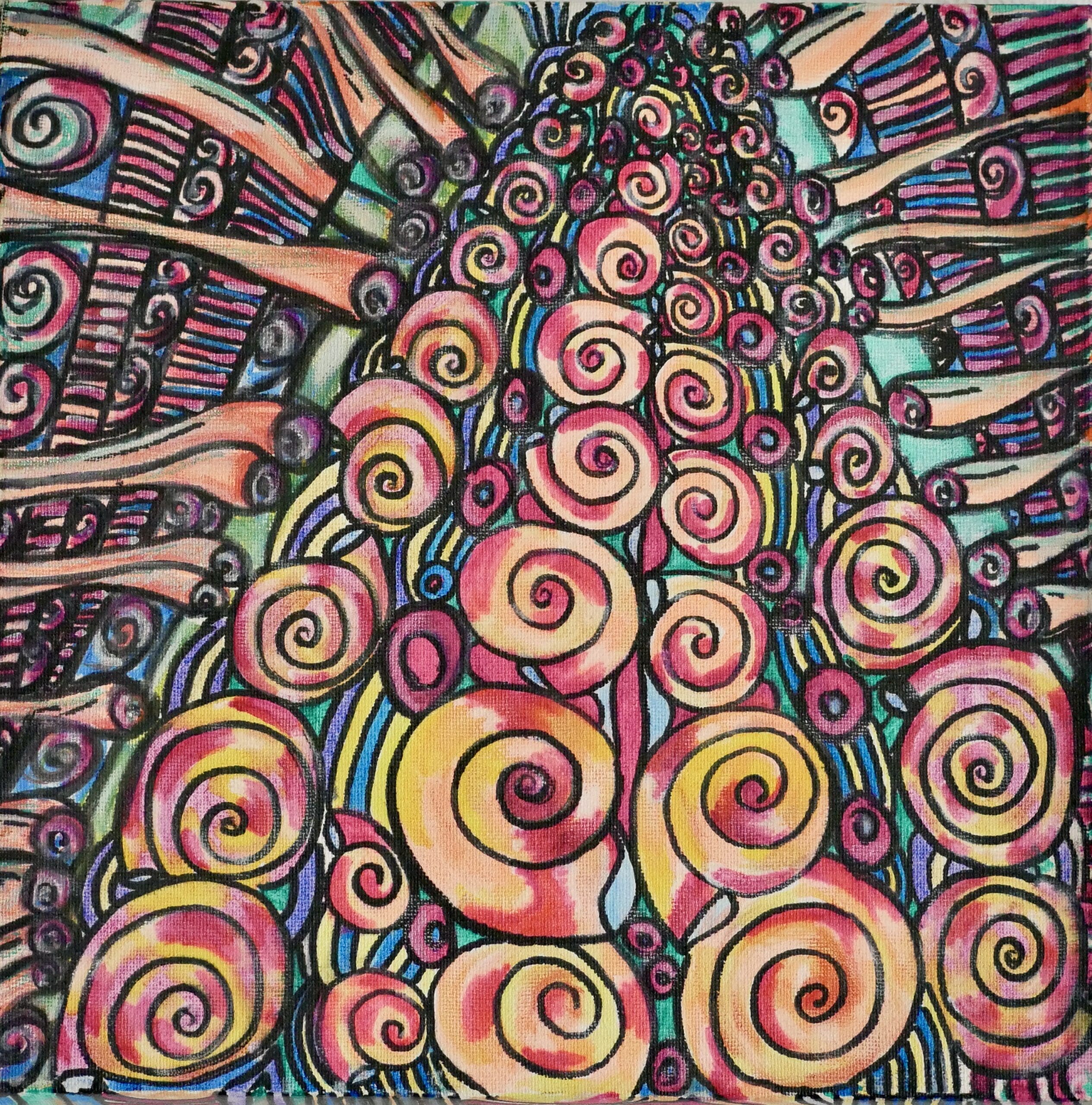Dalek shells,
Acrylic paint and markers on cotton (30cm x 30cm)