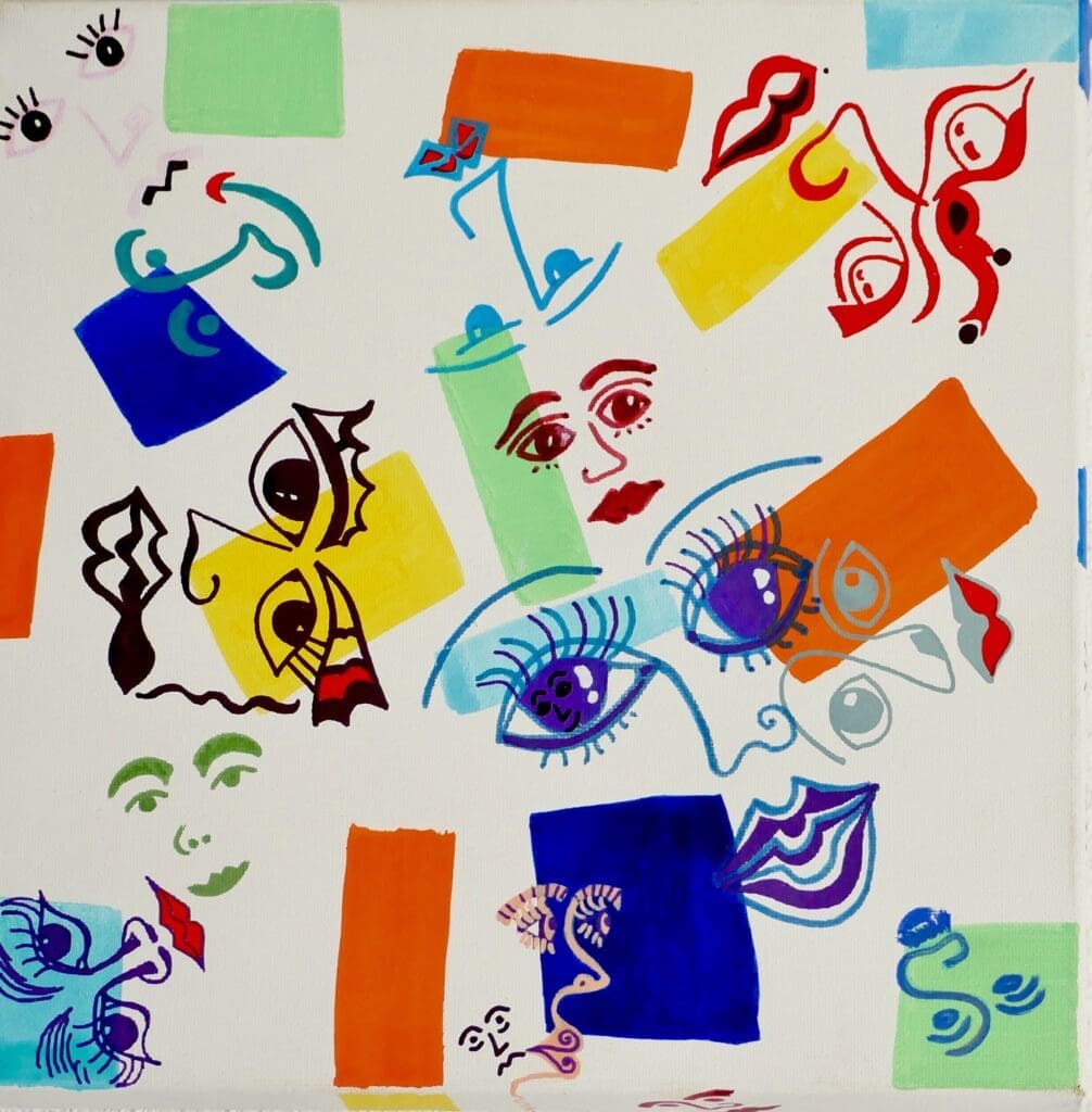 Faces,
Acrylic paint and markers on cotton (30cm x 30cm)