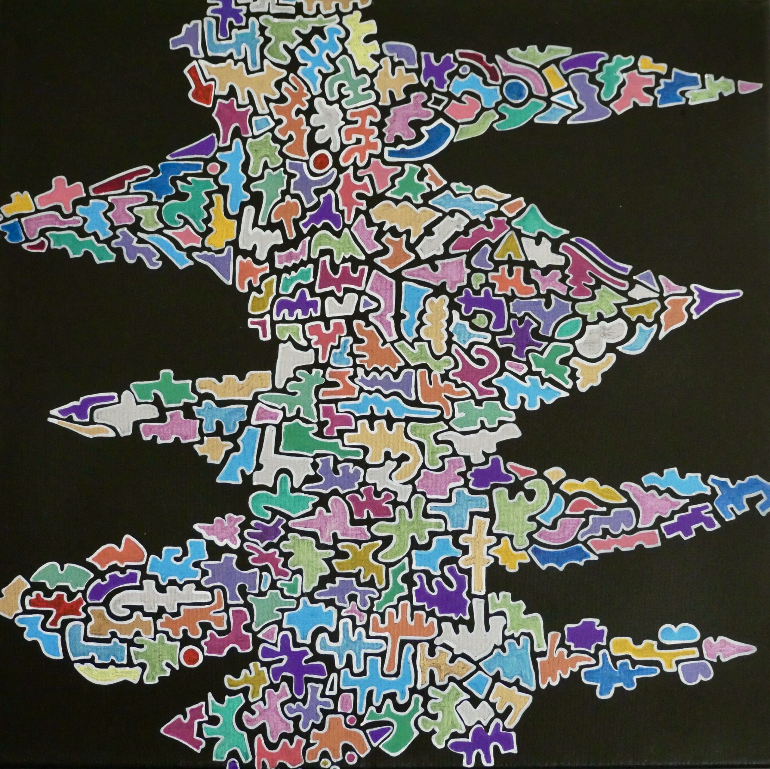 Jigsaw tree,
Acrylic paint and markers on cotton (40cm x 30cm)