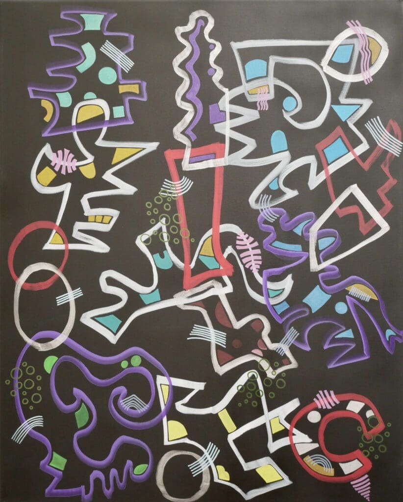 White and purple lines,
Acrylic paint and markers on cotton (100cm x 80cm)